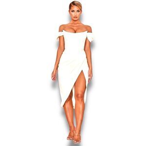 House of CB London Loretta Ivory Satin Off Shoulder Dress Size S